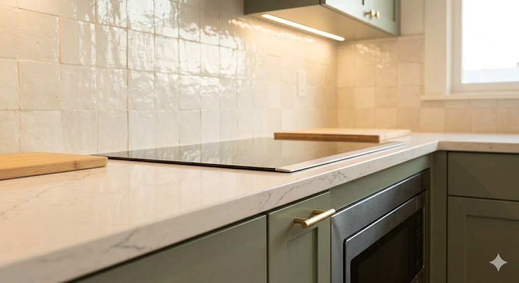 Detail of a quartz countertop, an induction cooktop, and brass cabinet hardware.